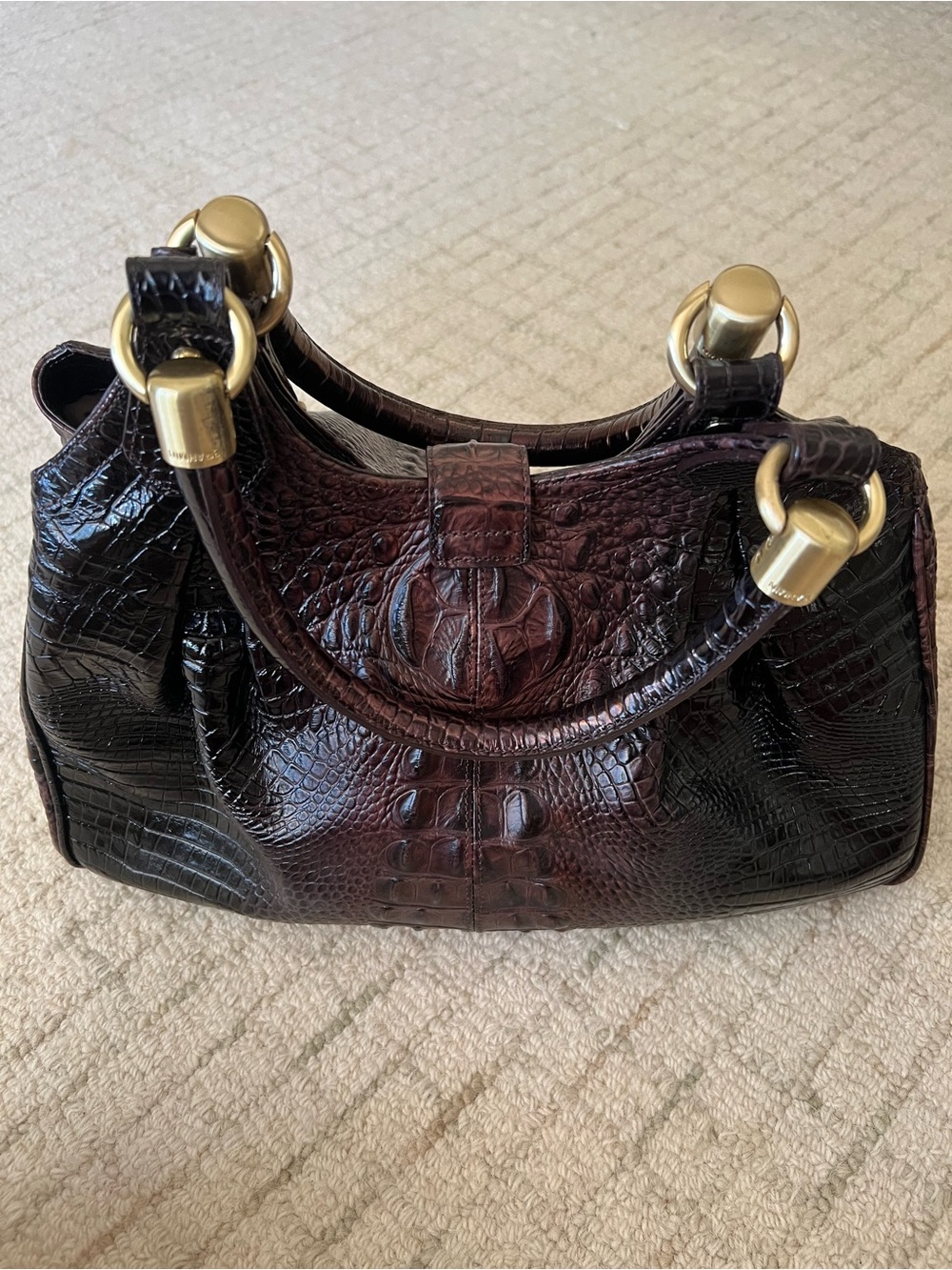 Brahmin Elisa Satchel Bordeaux Melbourne Embossed Croc Leather Bag Brown Gold - Picture 3 of 9